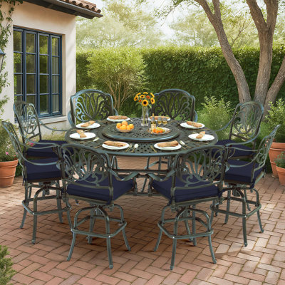 10-Piece Outdoor Bar Set, All Weather Cast Aluminum Patio Bar Furniture With 8 Cushioned Swivel Bar Stools, Large 60.98" Round Patio Bar Height Table by Canora Grey