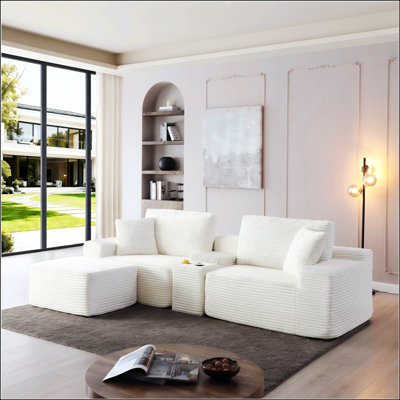 Modular Sectional Sofa With Deep Seat, Corduroy Fabric, Cup Holders, USB Ports, Storage Box, And Movable Ottoman For Versatile Living Room Comfort