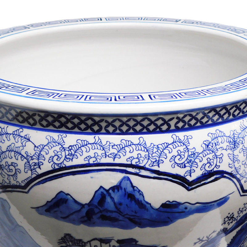 Blue and White Porcelain Garden Pots Painted Landscape, 14" H x 18" W x 18" D