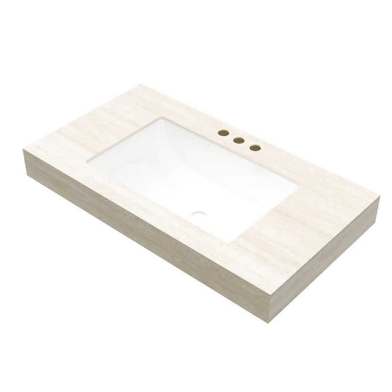 Comptoir en pierre frittée de 36 po à motif avec lavabo rectangulaire encastré en céramique, trois trous de robinet standard, trou de trop-plein, conception épaissie pour la durabilité, couleur principale beige, profondeur 35,32 po, 18,89 po
