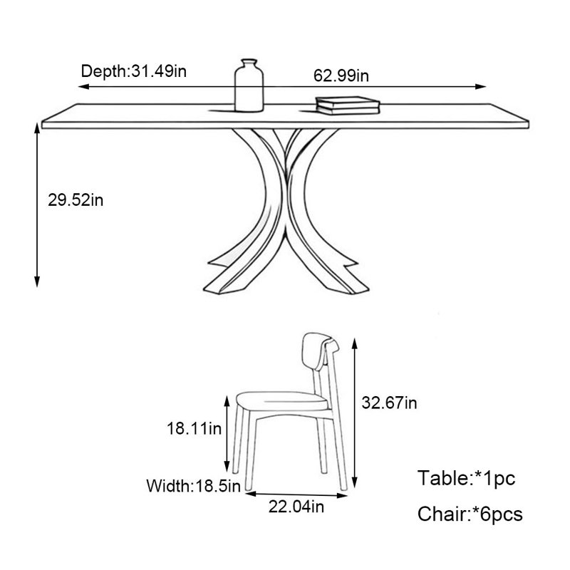 Matte rock plate walnut dining table set, 29.52"H x 62.99"L x 31.49"W