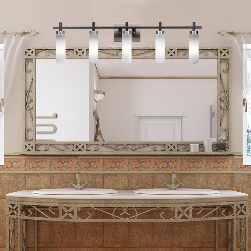 Barre d'éclairage de salle de bain 5 lumières Salinda, Mousseline blanche, Noir mat/nickel brossé