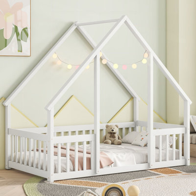 Amarionna Wood House-Shaped Floor Bed with Fence, Guardrails