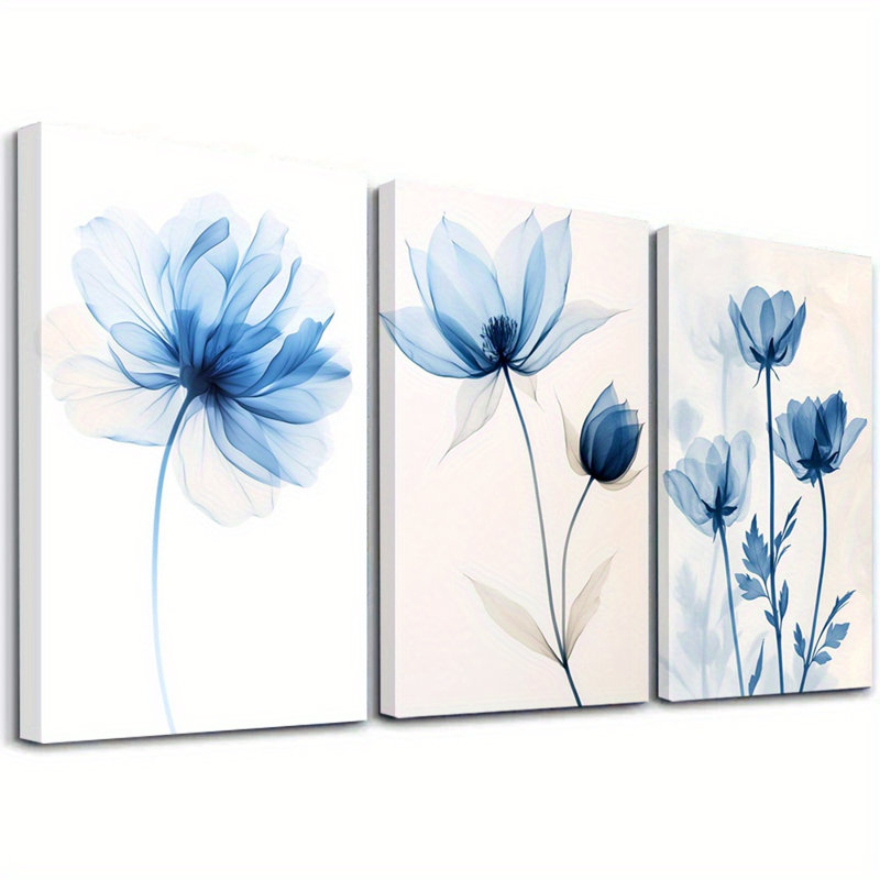 Impression sur toile abstraite à motif de fleurs transparentes bleu clair 3 pièces pour Cozy Home, 18 x 12 pouces 3 pièces
