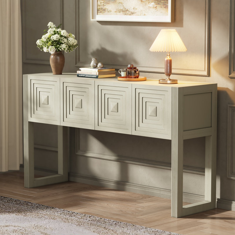 Console géométrique sculptée avec 3 tiroirs à fermeture en douceur, Naturel