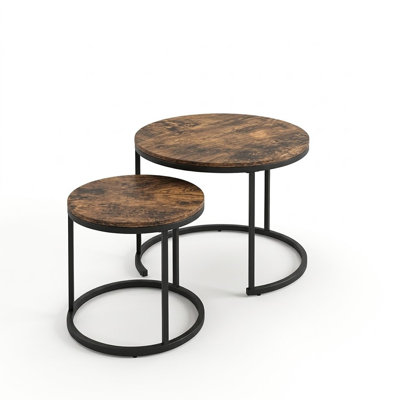 Ensemble de tables basses gigognes rondes marron rustique, tables de salon modernes et peu encombrantes