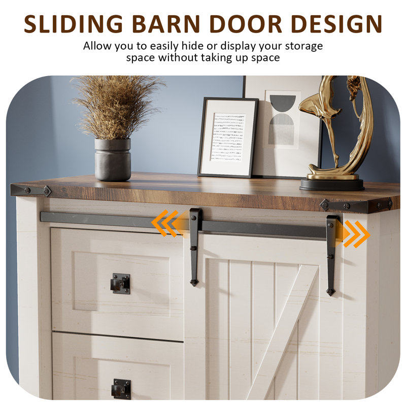 Farmhouse 5 Drawers Dresser Wood Rustic with Sliding Barn Door & Shelf, White