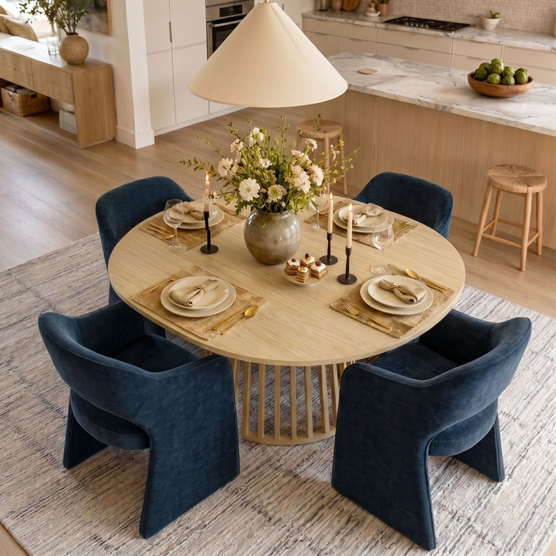 Ensemble de table de salle à manger pour 4 personnes avec table ovale extensible et 4 fauteuils rembourrés en chenille, Bleu