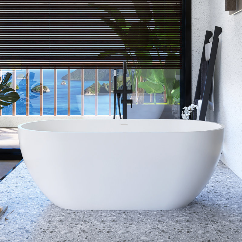 59" Solid Surface Freestanding Soaking Bathtub in Matte White
