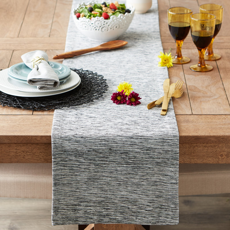 LEATHER BROWN/OFF-WHITE TONAL RECYCLED COTTON SLUBBY RIB TABLE RUNNER 14X108, 72" x 14", Black/Off White