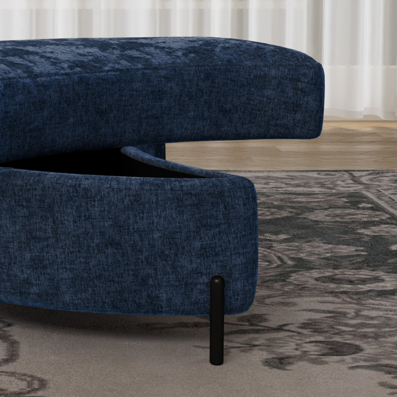 Repose-pieds rembourré demi-lune avec rangement, Chenille bleue marine