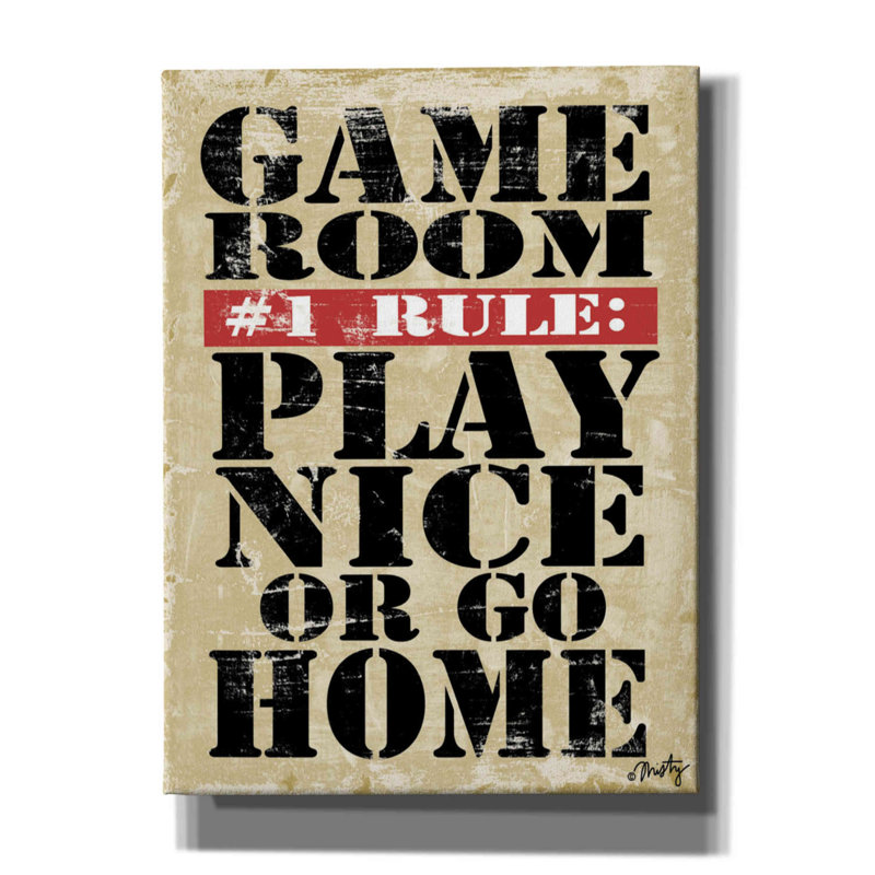 «Game Room # 1 Rules» par Misty Michelle - reproduction d'art textuel sur toile tendue, H 54 po x l 40 po x P 1,5 po