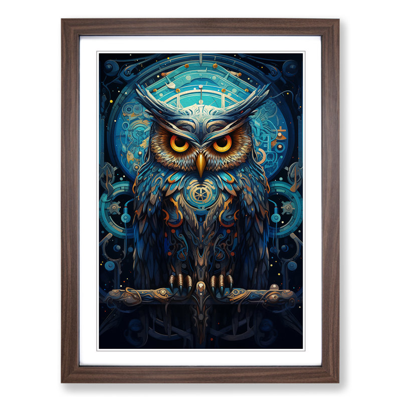 Owl Futurism No.2 - Single Picture Frame Print on Wood, 34cm H x 25cm W x 2cm D, Walnut
