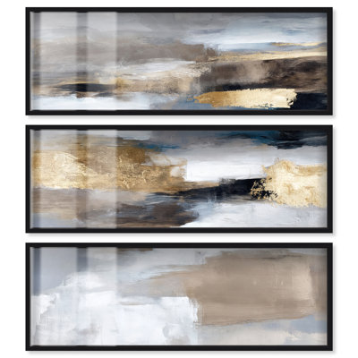Ensemble d'art abstrait grand format « Tawny Tides II » sous cadre noir, par Art Remedy, 48 x 16 pouces.