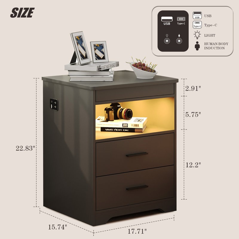 45cm W Manufactured Wood Bedside Table, Grey