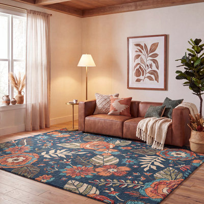 Tapis floral en coton touffeté à la main Jardin / Bleu / Vert