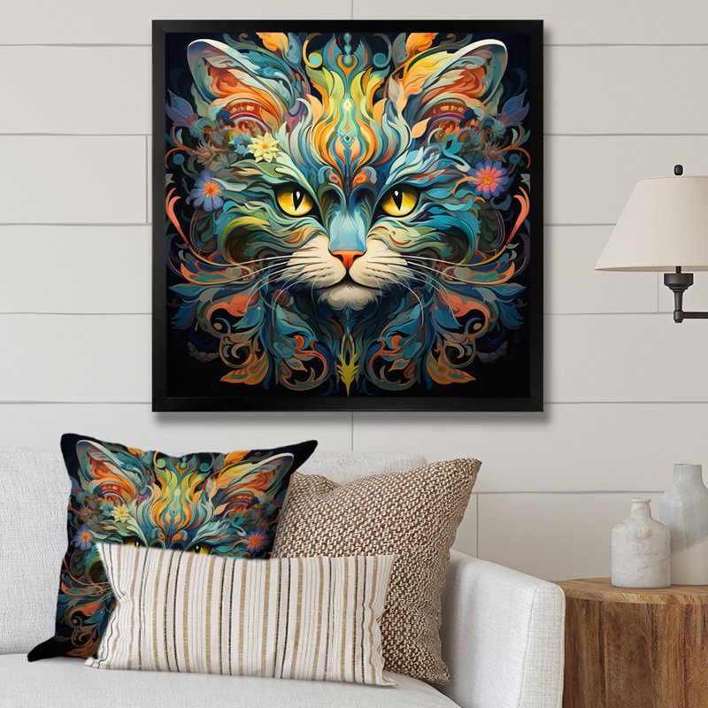 Chat sarcelle cosmique avec regard mystérieux sur toile, Cadre simple noir, H 16 po x l 16 po x P 1 po