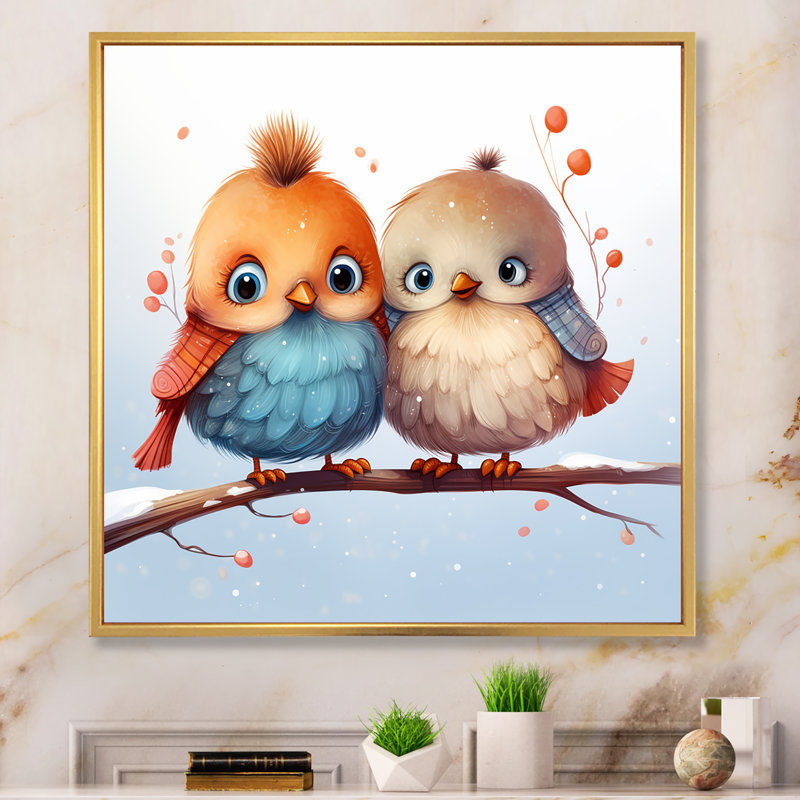 «Winter Winter Bird Lovers For Nursery I», art mural oiseau, Cadre flottant doré, 16" H x 16" W
