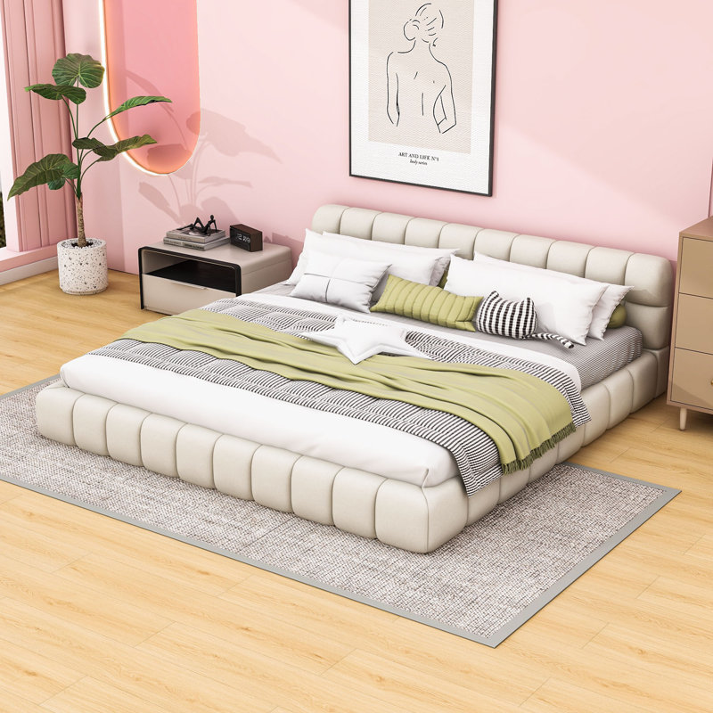 Grand lit plateforme tapissier avec tête de lit et lattes robustes, Beige, Très grand lit
