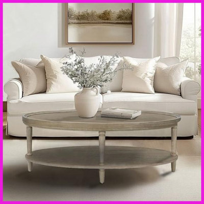 Table basse Martha Stewart Bedford Farmhouse - tablette fixe, pieds tournés Finition grège récupérée