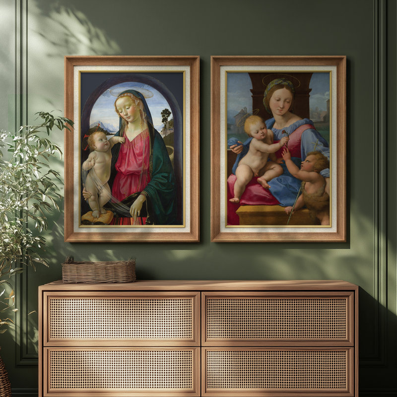 Madonna avec enfant et anges, scène sacrée classique - ensemble de 2 reproductions d'art encadrées de qualité supérieure sur papier 26 po x 36 po
