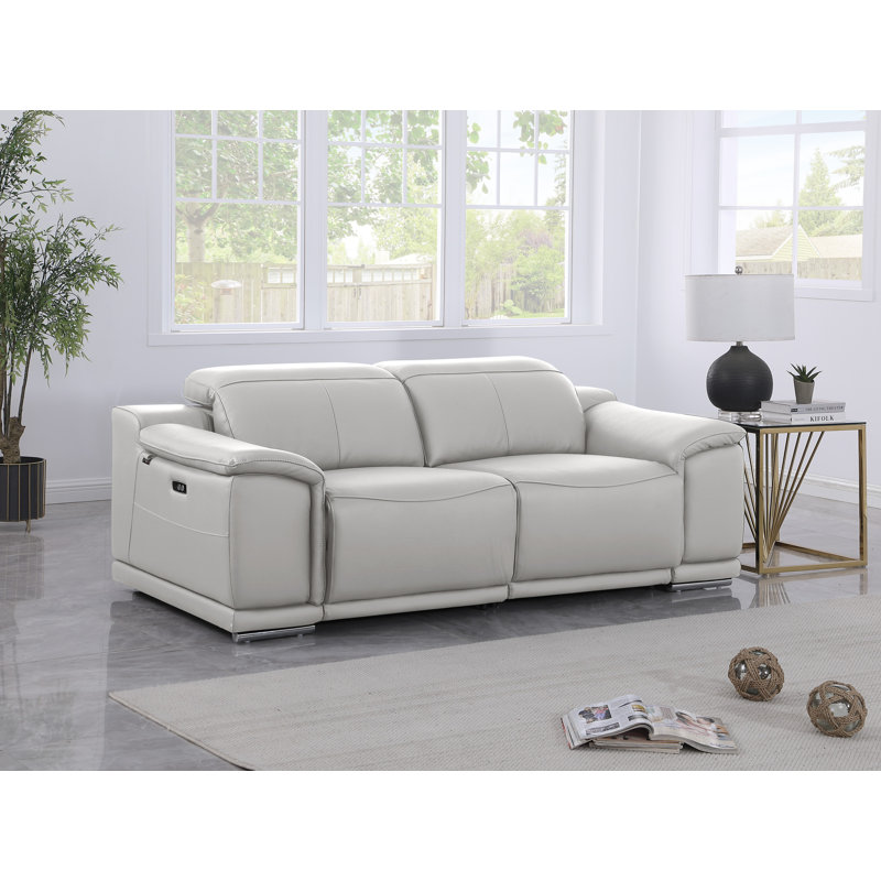 Divanitalia Top Grain Italian Leather Loveseat, Light Gray