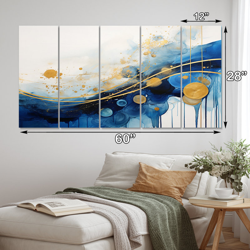 Golden Oceanic Wave Harmony II - reproduction sur toile abstraite - 5 panneaux égaux