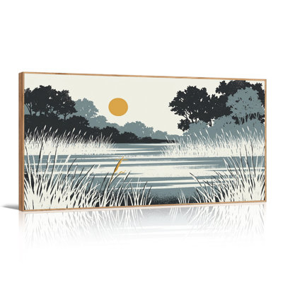 Tableau sur toile représentant un lac et des arbres avec de hautes herbes et un soleil jaune