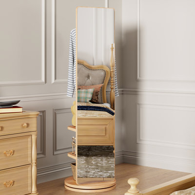 Multifunctional 360 Rotating Mirror With Hanger And Solid Wood Construction, Suitable For Bedroom, Living Room Cloakroom Full - Length Hook Storage Coat Rack, Ideal