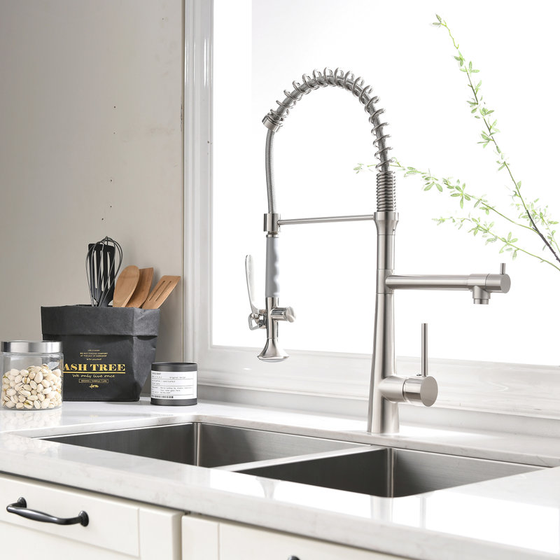 Brushed Nickel Kitchen Faucet With 360 Degree Rotation And Pre-Rinse Spring For Sink Heavy Duty Construction In