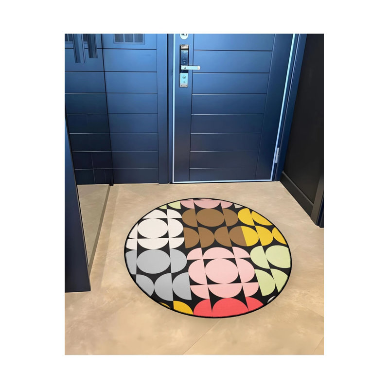 Multicolored Geometric Patterned Round Woven Base Modern Decorative Carpet, Round 4'