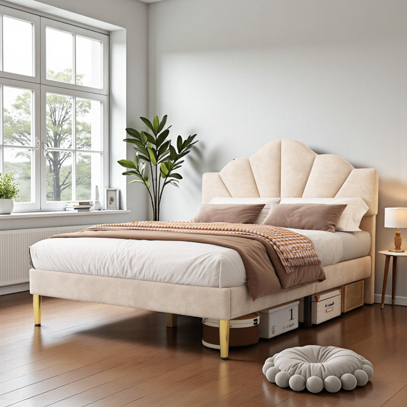 Aarna Velvet Upholstered Bed, Beige, Double (140 x 195 xm)