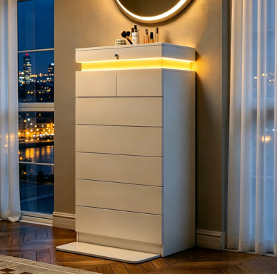 Commode haute H 51,3 po à 7 tiroirs avec lumières à DEL RVB et station de charge intégrée, commode blanche pour chambre à coucher avec plateau verrouillable