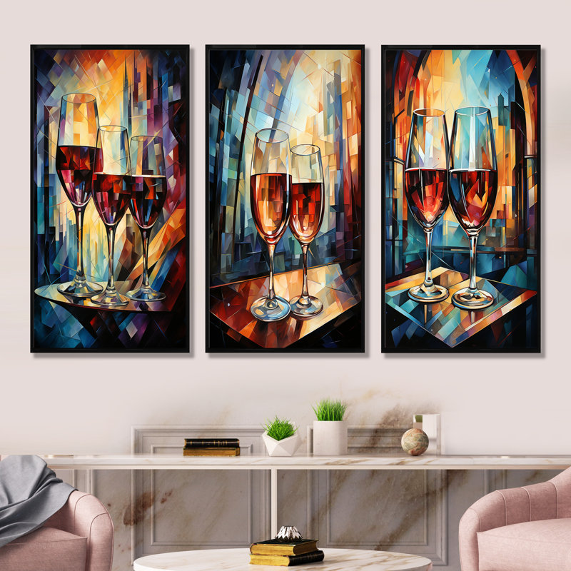 Toast Reflections - Ensemble de 3 décorations murales vin et champagne, H 28 po x l 36 po, Cadre flottant noir