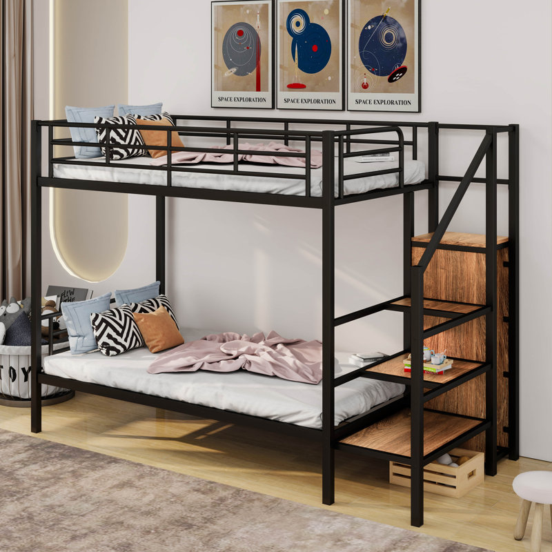 A Full-Sized Over Full-Sized Metal Bunk Bed, Equipped With A Lateral Storage Ladder And A Wardrobe, Black, Full Over Full