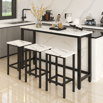 17 Stories 3-Person Modern Dining Set: Extra-Long Counter-Height Table + 3 Cushioned Stools | Space-Saving Design for Apartments & Small Kitchens | Du