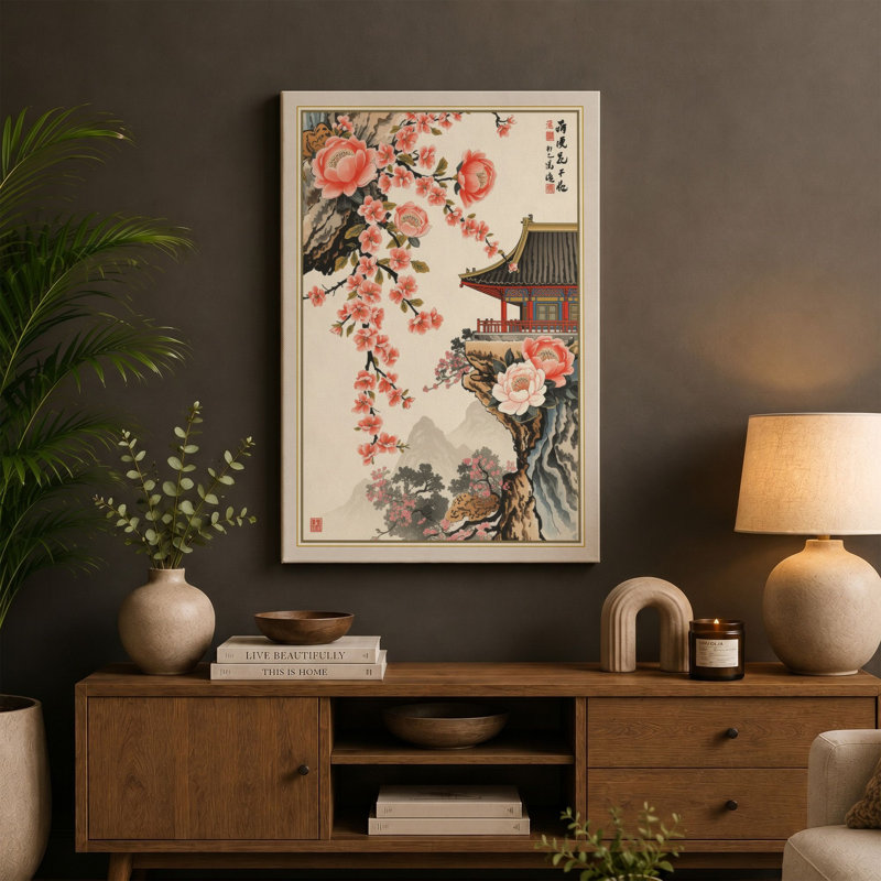 Pagoda Among Blossoms Japandi - Wrapped Canvas, 36x24 - 91.4 x 61.0 cm, Teal Border