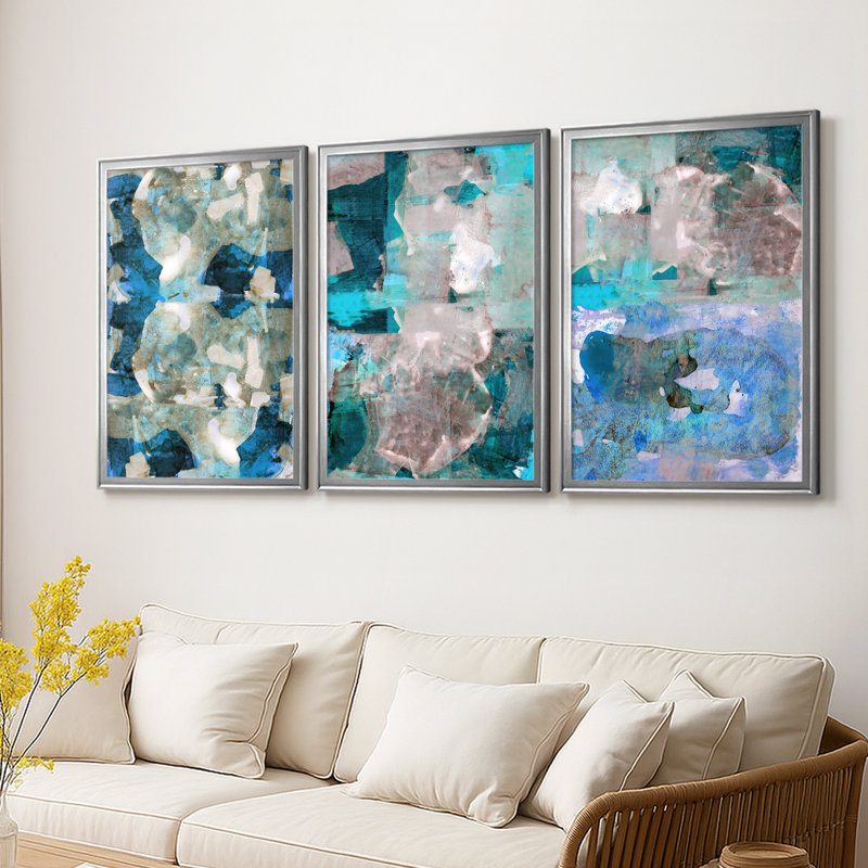 Impasto II  -Custom Framed  Wrapped Gallery Canvas - 3 Pieces, Silver, 19" H x 27" W