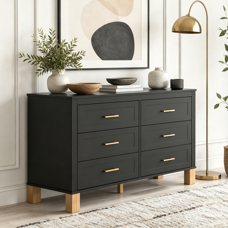 Commode double moderne à 6 tiroirs avec poignées en métal et pieds en bois massif, Black