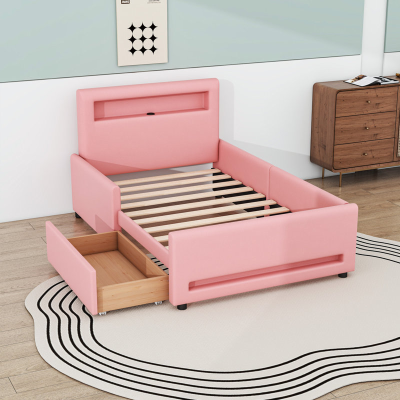 Lit plateforme avec tiroir de rangement, lumières DEL et port USB, Lit simple, Rose