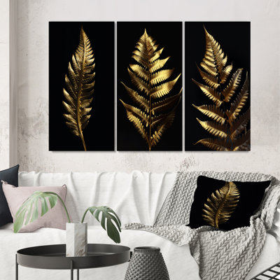 " Golden Fern Leaf On Black IV " 3 - Pieces