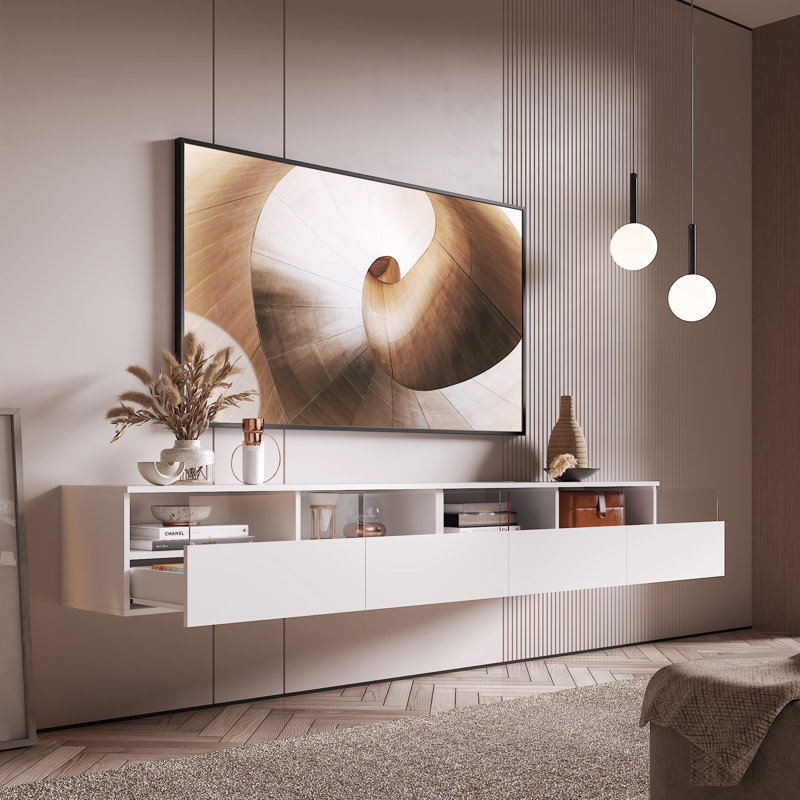 Floating TV Stand with 2 Storage Drawers, Wall-Mount up to 85", White, 30cm H x 200cm L x 33cm W