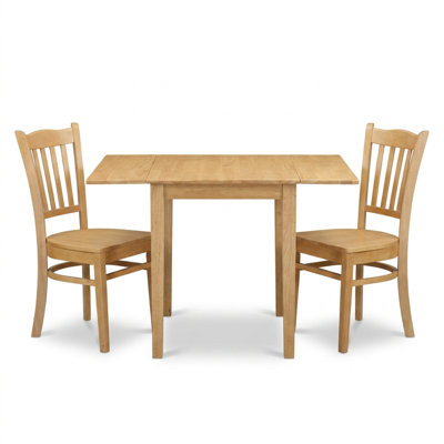 Oak Finish Hardwood Rectangular 3 Piece Dinette Set With Drop Leaf Slat Back Chairs