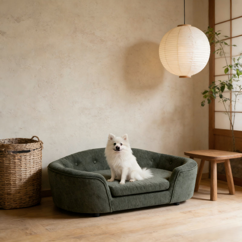 Canapé pour chien surdimensionné en lin vert olive avec dossier capitonné, Vert olive