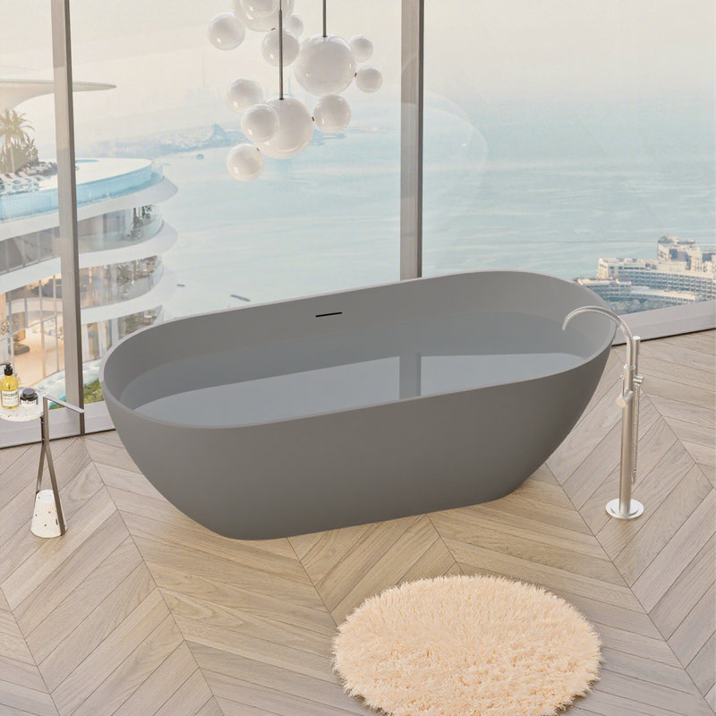 63" x 29.5" Freestanding Solid Surface Bathtub Stone Resin with Overflow and Pop-up Drain, Matte Gray, Matte Gray