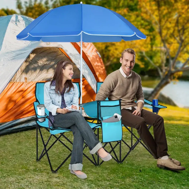 Portable Double Camping Chair, Folding Picnic Loveseat W/ Removable Adjustable Umbrella, Carrying Bag, Cooler Bag, Side Pocket & Cupholder, Perfect For Camping, Picnic, Fishing, Beach
