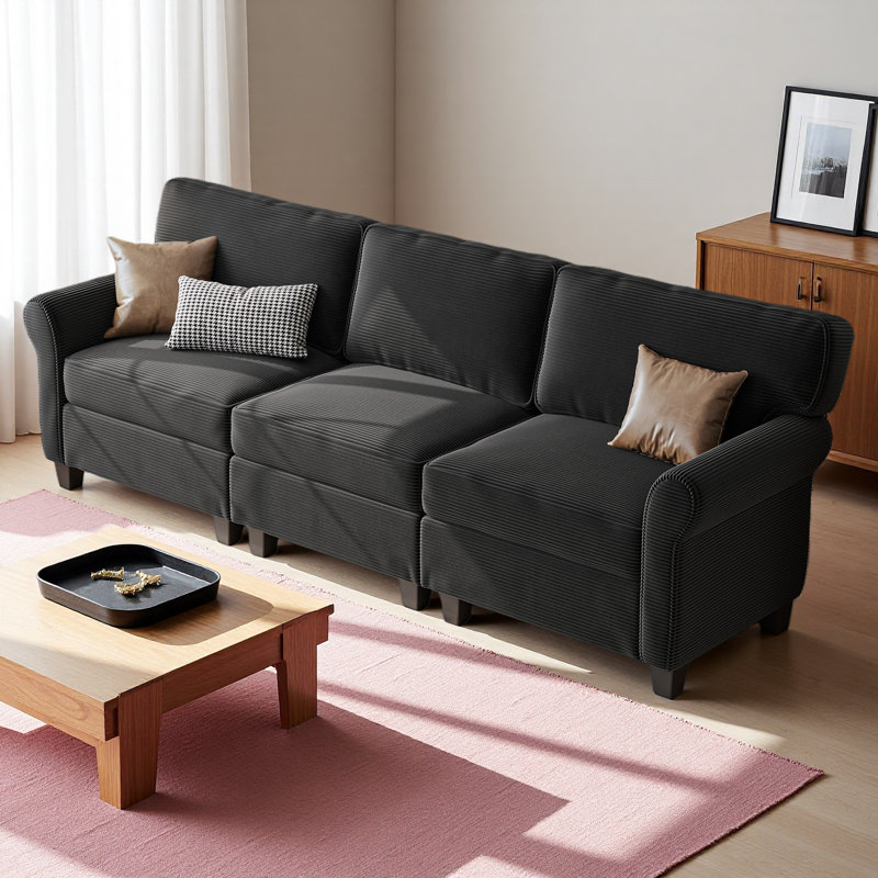 Canapé de 94 po en velours côtelé 3 places avec sièges profonds, éponge et accoudoirs épaissis à rebond élevé, coussins amovibles, panneau composite robuste et structure en bois massif pour le salon