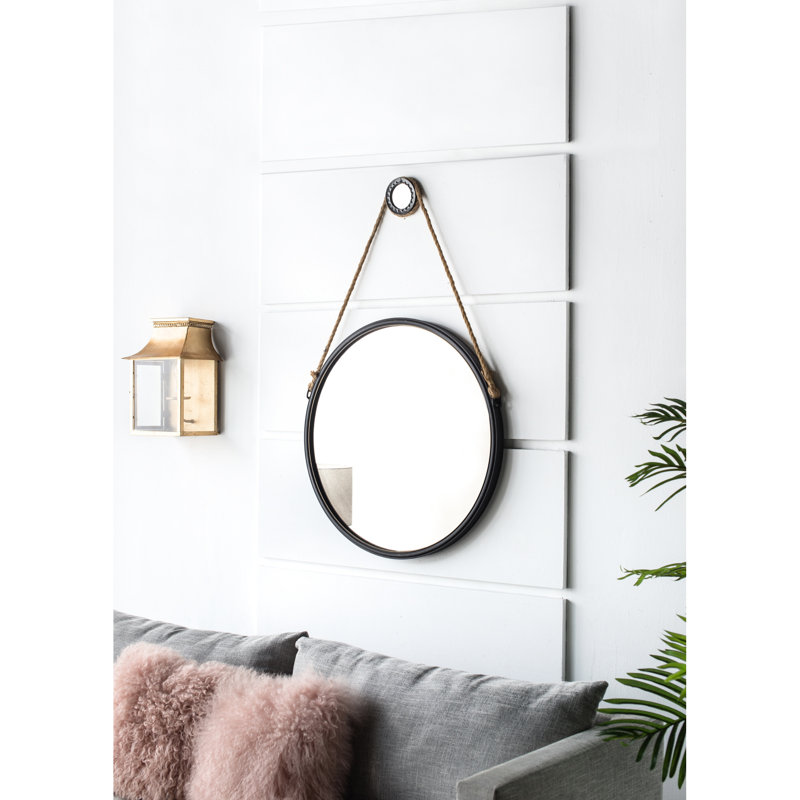 Miroir rond suspendu de 29,5 po avec cadre noir et corde résistante fiable pour la salle de bain, 28,68 po x 29,38 po