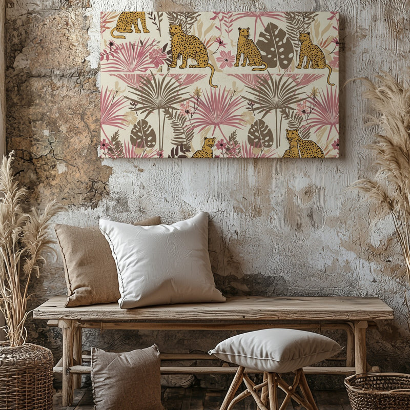 La toile crée une conception textile vibrante et complexe avec des motifs symétriques de léopards assis gracieusement sur toile