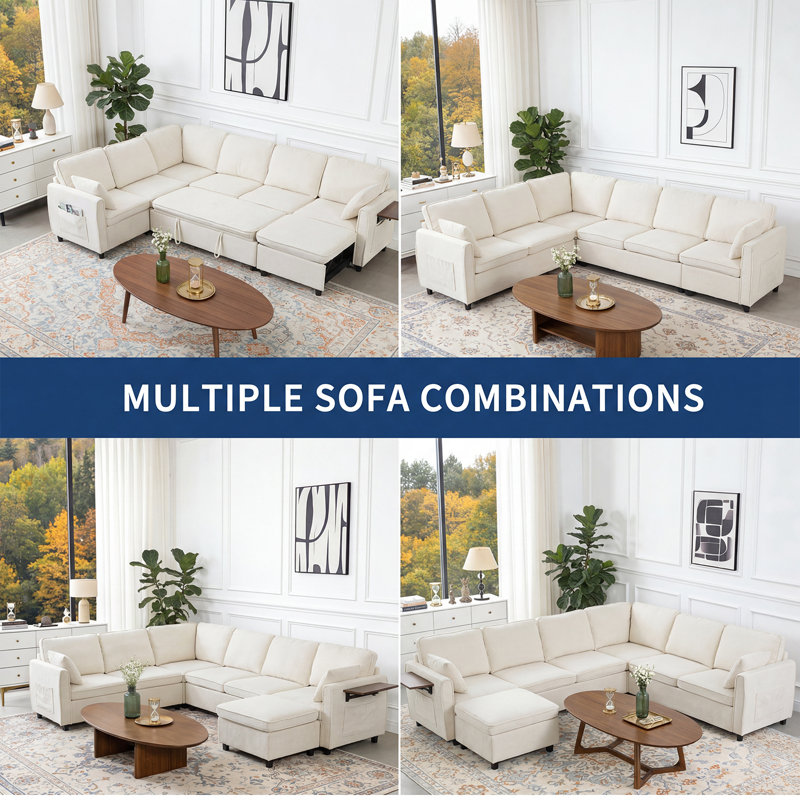 Canapé-lit modulaire modulaire avec lit escamotable, grands canapés modulaires en forme de U de 7 po avec repose-pieds, canapés en chenille confortables pour le salon